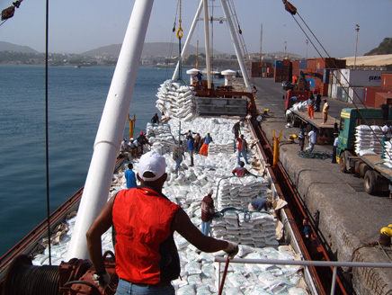 Unloading relief in Haiti